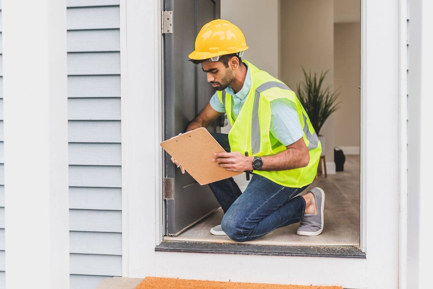 A worker with a clipboard checking a house exterior
