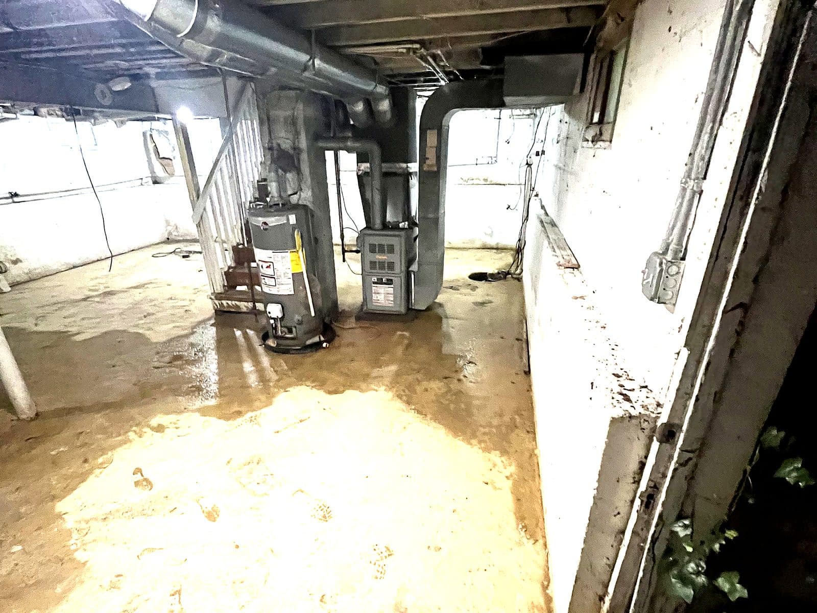 Basement with an aging water heater, old furnace, exposed ductwork and a damp concrete floor